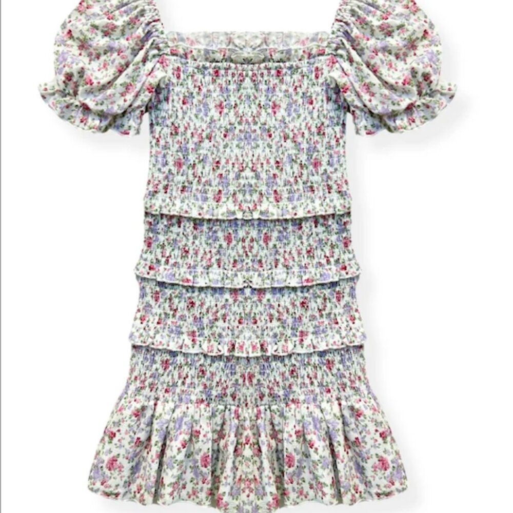Katie J  NYC Laila Printed Smocked Puff Sleeve Mulberry Bouquet Dress
